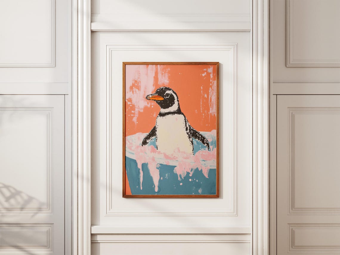 Penguin in a Bathtub with Pink Foam Cute Animal Art Wall Poster - Image 2