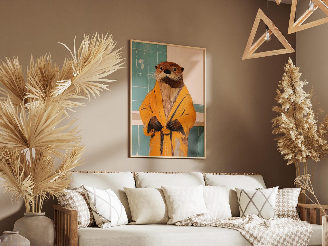 Sea Otter Wearing Yellow Bathrobe Teal Tile Bathroom Art Poster - Image 3