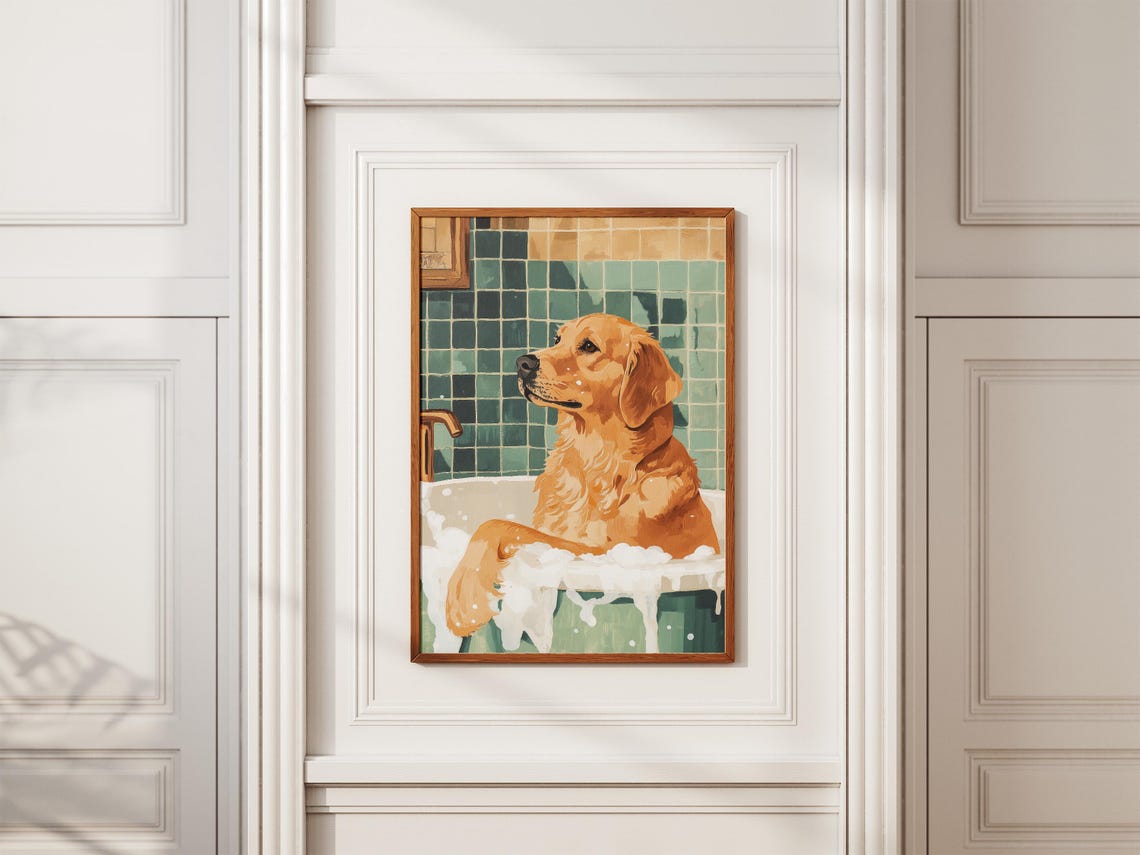 Happy Golden Retriever Bubble Bath Green Tile Relaxed Dog Poster - Image 2