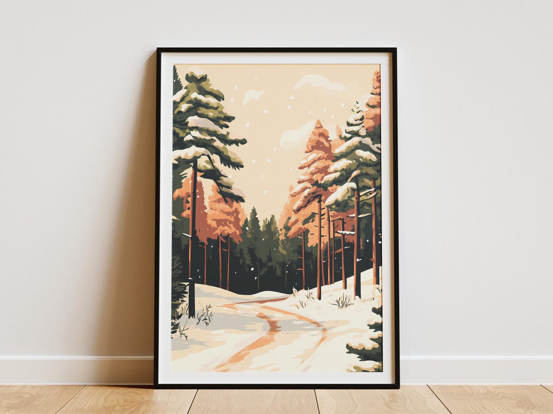 Snowy Trail Through Snow Covered Tall Pine Forest Winter Poster