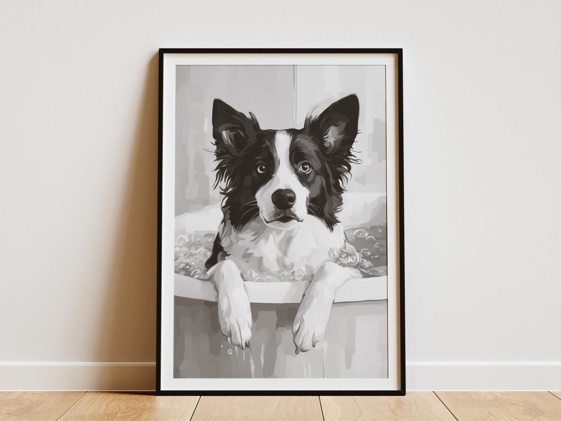 Border Collie Dog In Bathtub Black and White Funny Art Poster