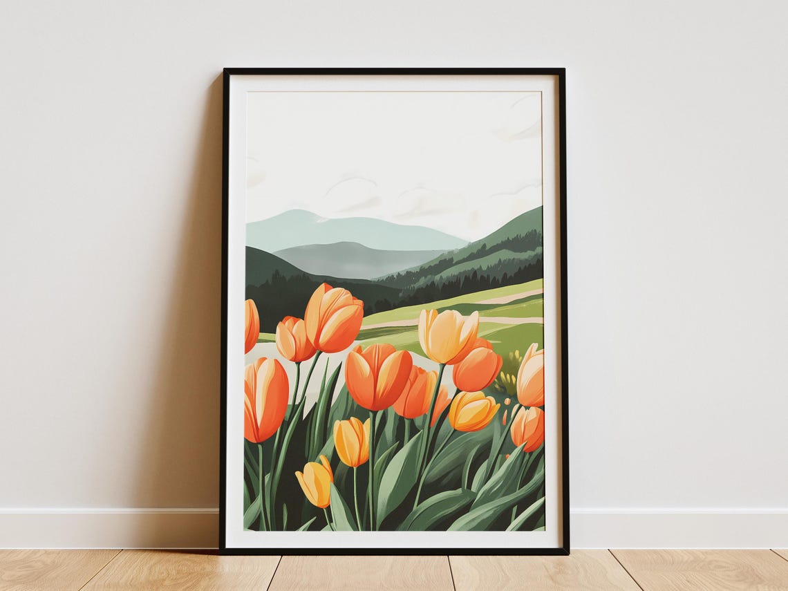Bright Orange Tulips Blooming in a Green Mountain Valley Poster