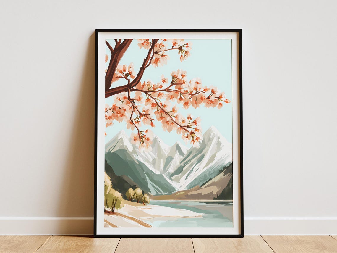 Cherry Blossom Branch Over Snowy Mountain Lake Spring Art Poster