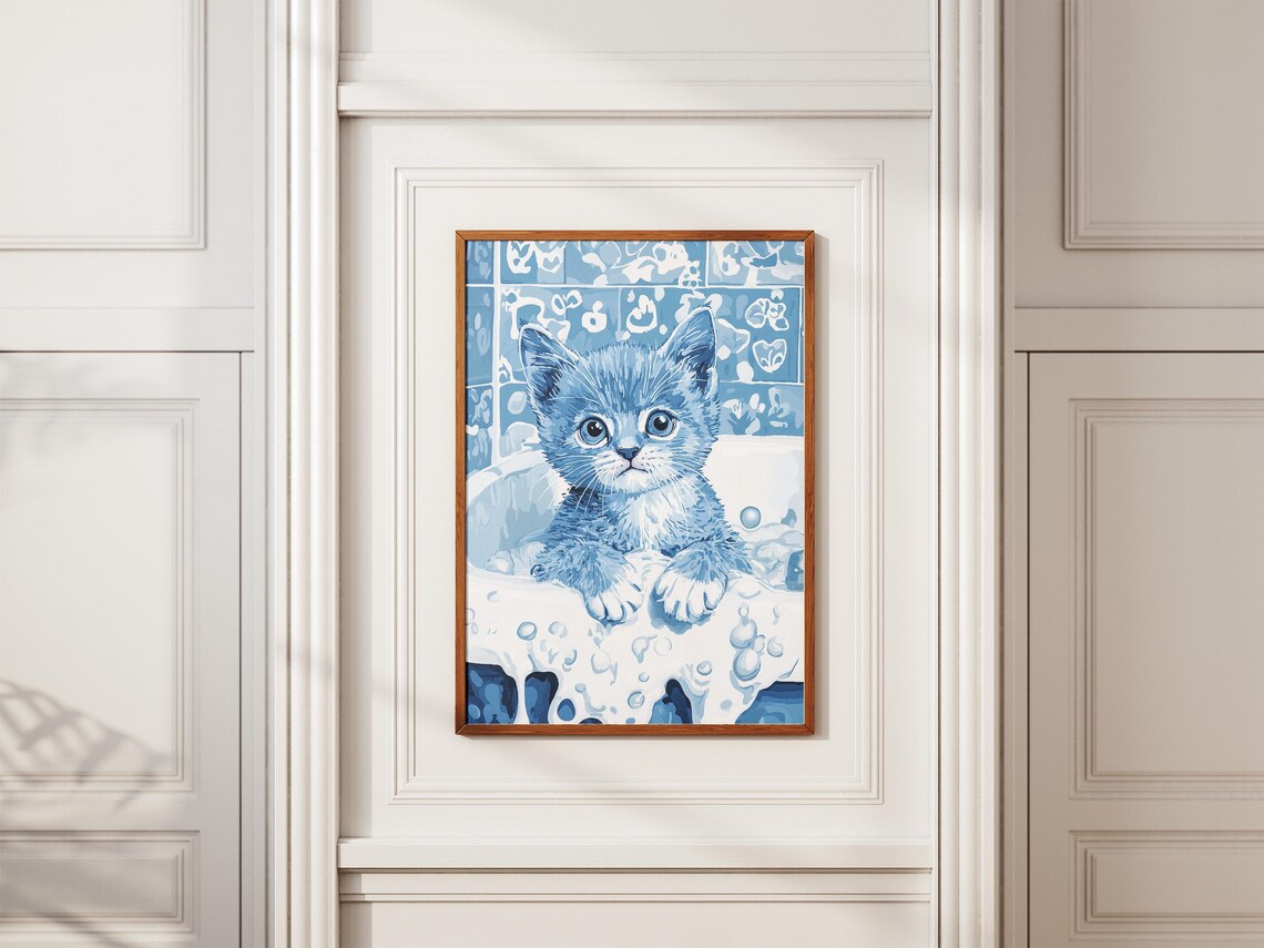 Blue Kitten In Bathtub Poster Cute Whimsical Pet Art For Bathroom Decor - Image 2