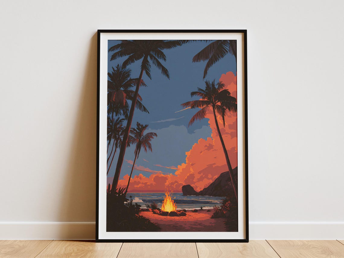 Cozy Beach Bonfire Sunset Palm Silhouettes Tropical Night Poster
