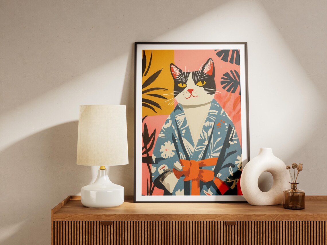 Tuxedo Cat in a Kimono Style Robe Tropical Animal Art Poster - Image 4