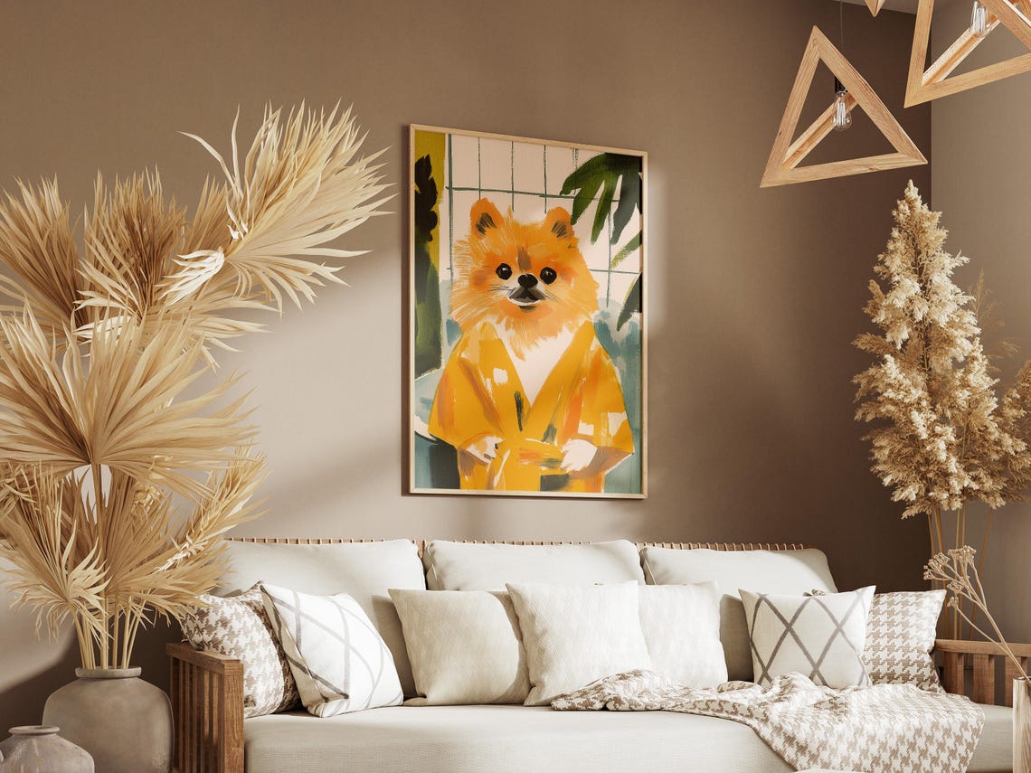 Fluffy Pomeranian in Golden Yellow Robe Cheery Bathroom Art Poster - Image 3