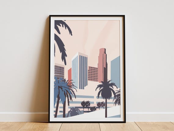 Los Angeles Cityscape Poster Modern California Art Print Palm Tree Minimalist Illustration Geometric City Building Line Art La