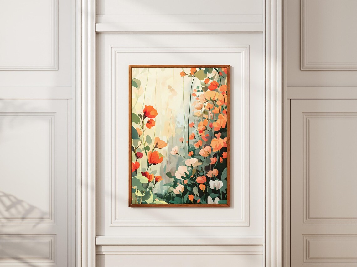 Orange Sweet Pea Blossoms Climbing a Garden Trellis Art Poster - Image 2