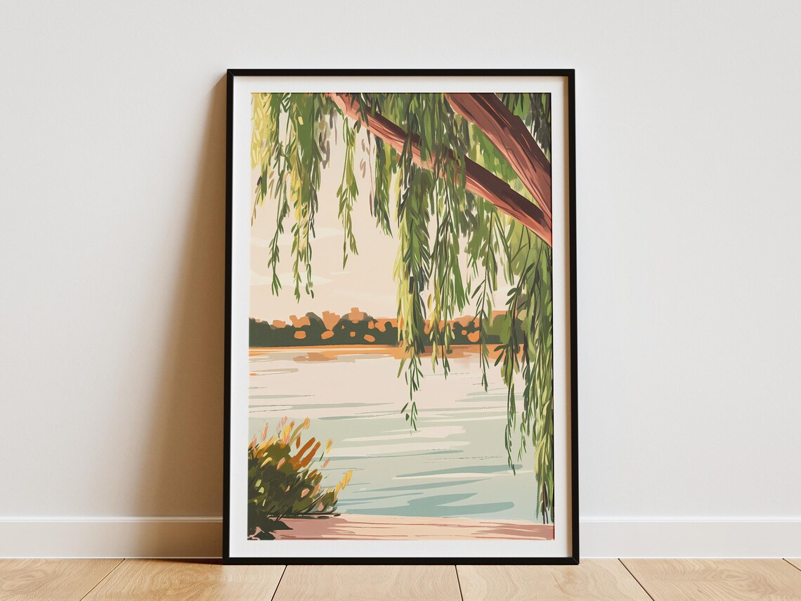 Willow Branches Over Golden Lake At Dusk Peaceful Landscape Poster