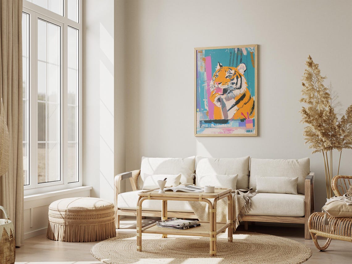 Tiger Brushing Teeth Colorful Abstract Pastel Bathroom Poster - Image 4
