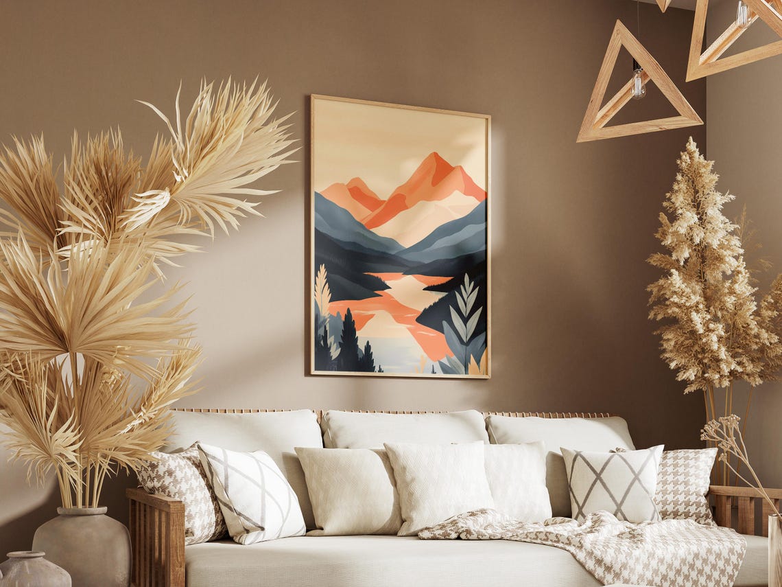 Coral Mountain Peaks Over Winding River Dusk Landscape Poster - Image 3