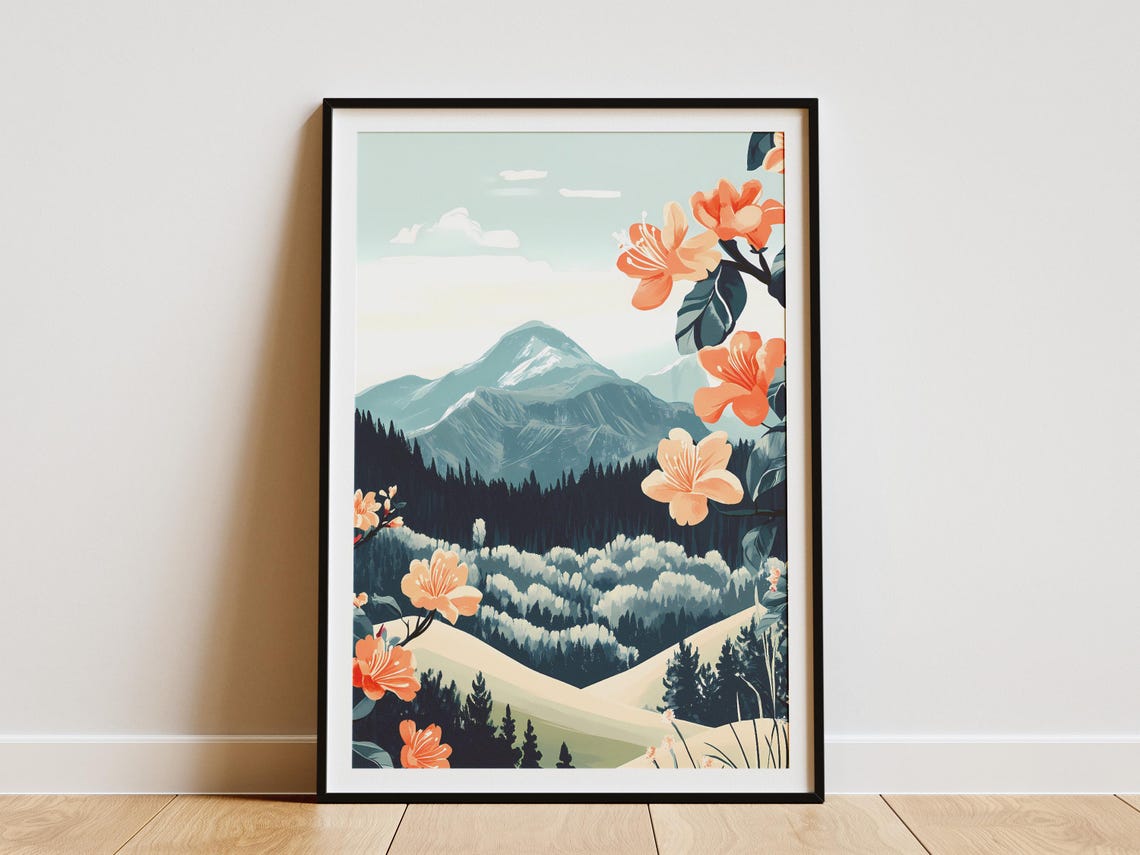 Mountain Azaleas Blooming Above Snowy Forest Slopes Landscape Poster