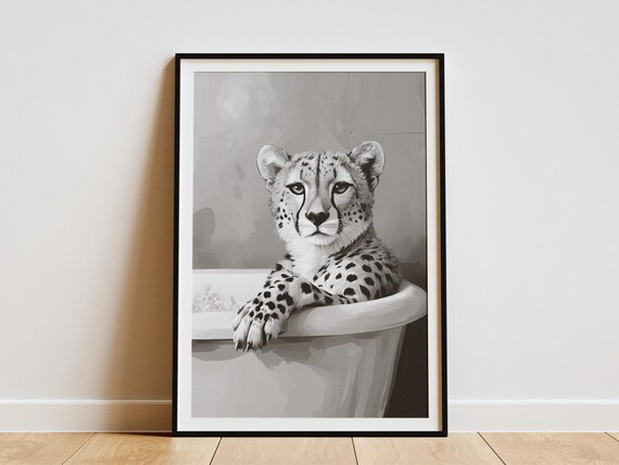 Cheetah In A Bubble Bath Black And White Minimalist Art Poster