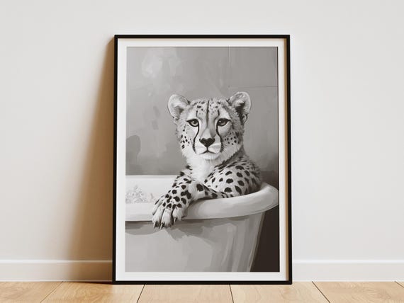 Cheetah In Bathtub Poster Funny Animal Print Bathroom Wall Art Minimalist Home Decor Unique Playful Cat Cool