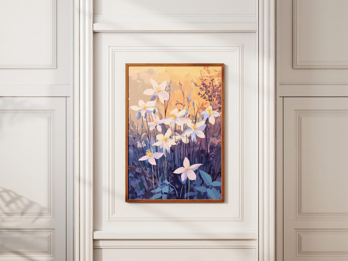 White Columbines Twilight Meadow Dreamy Botanical Flower Poster - Image 2