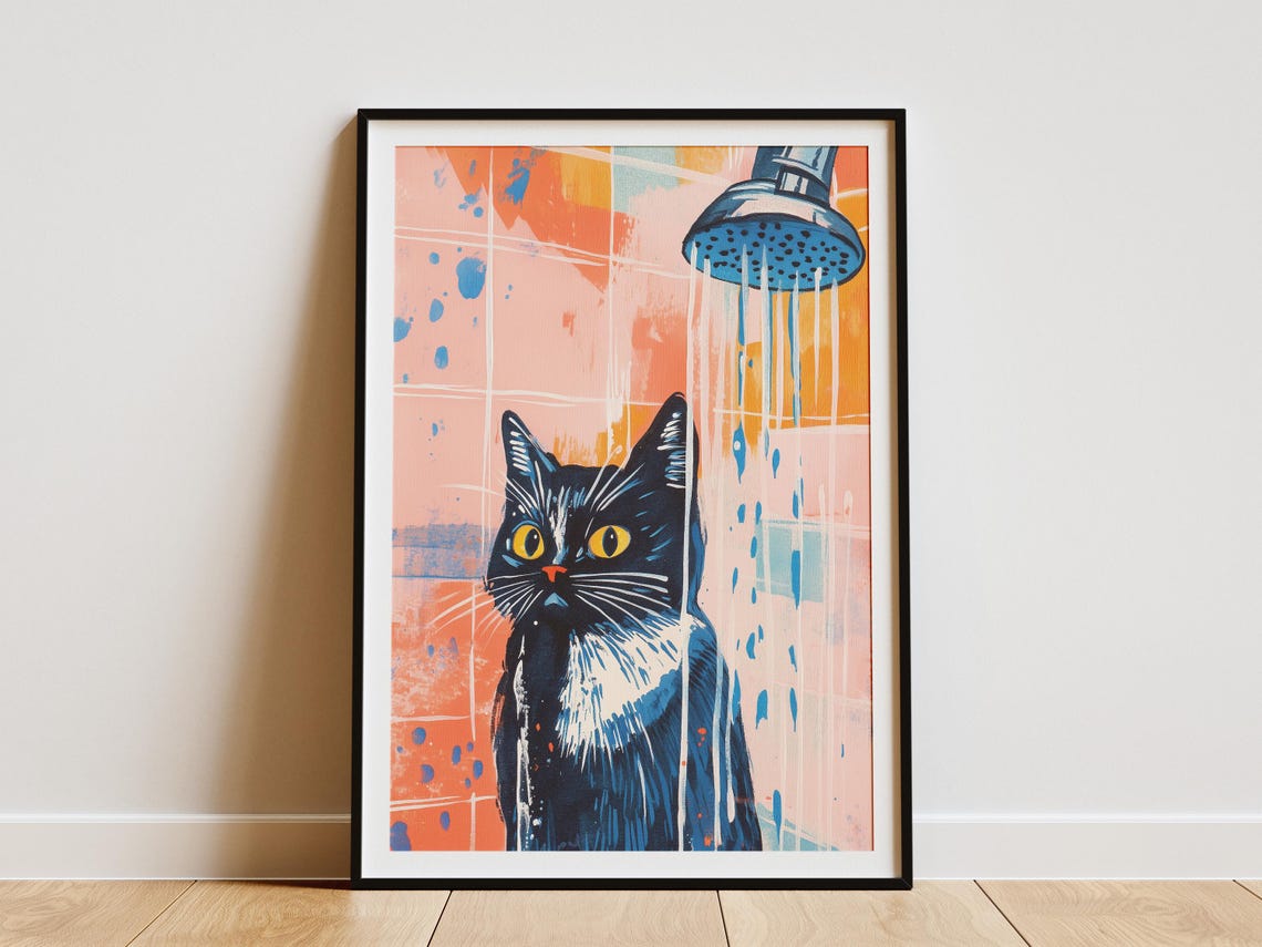 Black Cat in Shower Pop Art Orange Blue Bathroom Funny Poster