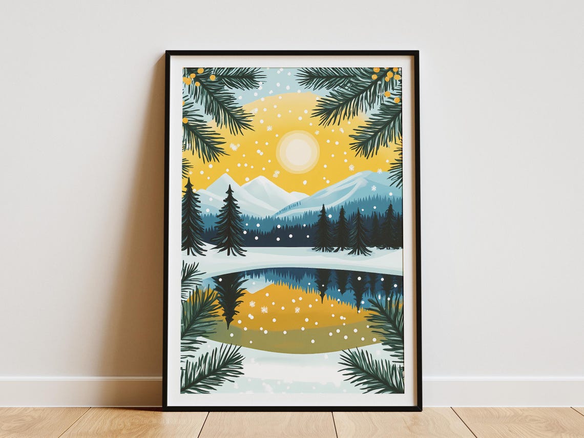 Golden Winter Sky Over a Snowy Lake Framed by Pine Boughs Poster