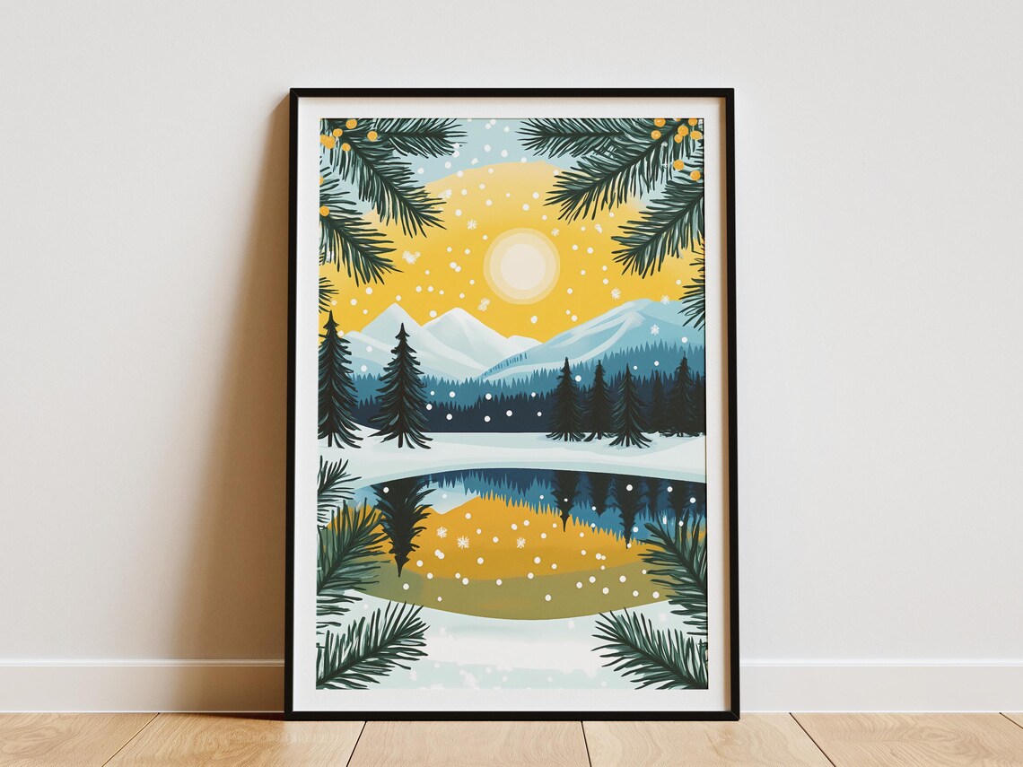 Winter Mountain Lake Poster Snowy Landscape Art Print Frozen Lake Scene Winter Wonderland Decor Christmas Gift Cabin Decor Hygge Home Decor
