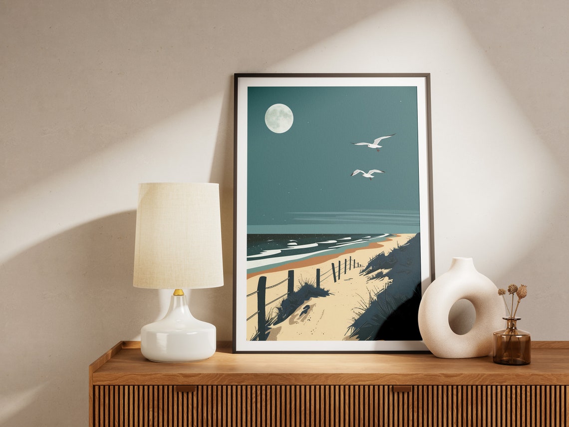 Moonlit Beach Path with Soaring Seagulls Minimal Ocean Poster - Image 2