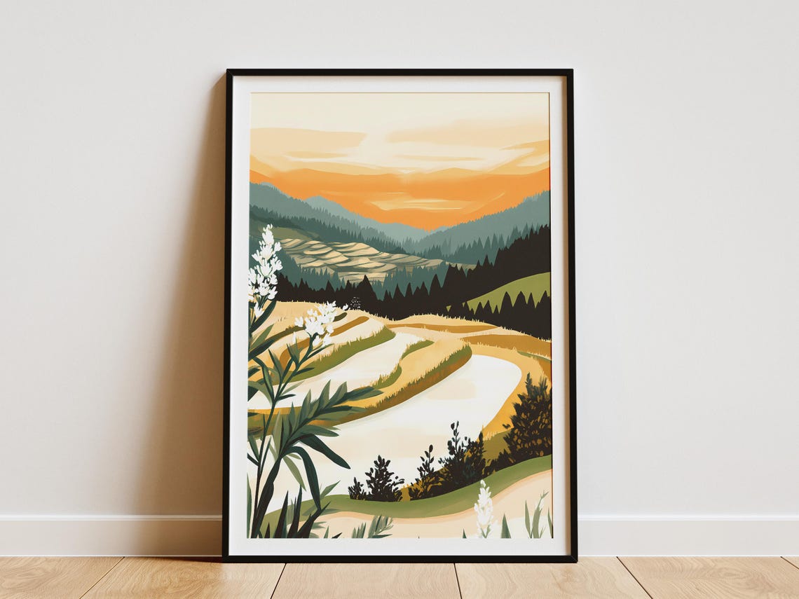 Golden Sunset Rice Terraces Hills White Blossoms Scenic Poster