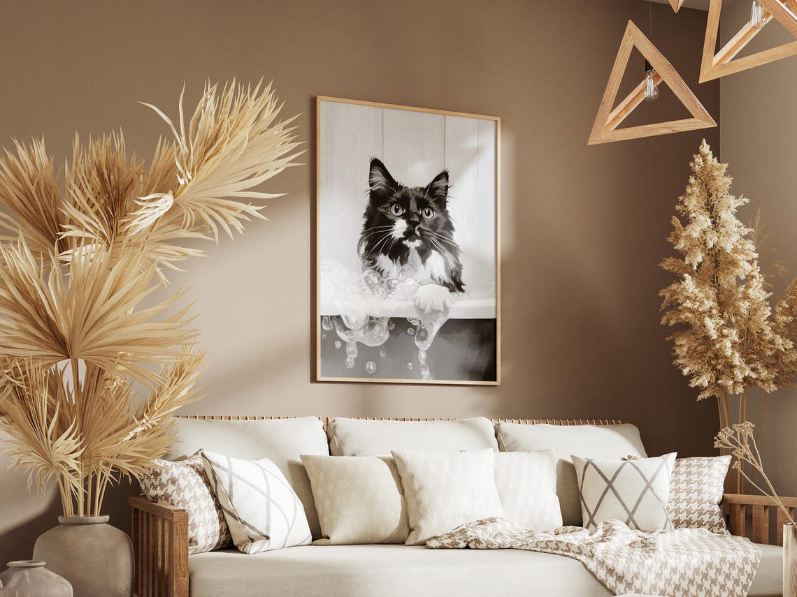 Cat In Bubble Bath Poster Long Haired Cat Bathroom Wall Decor - Image 3