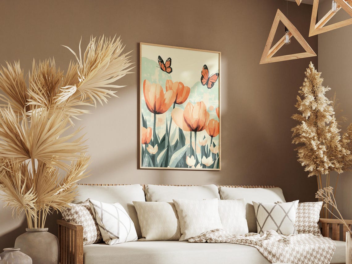 Peach Tulips With Monarch Butterflies On Mint Background Poster - Image 3
