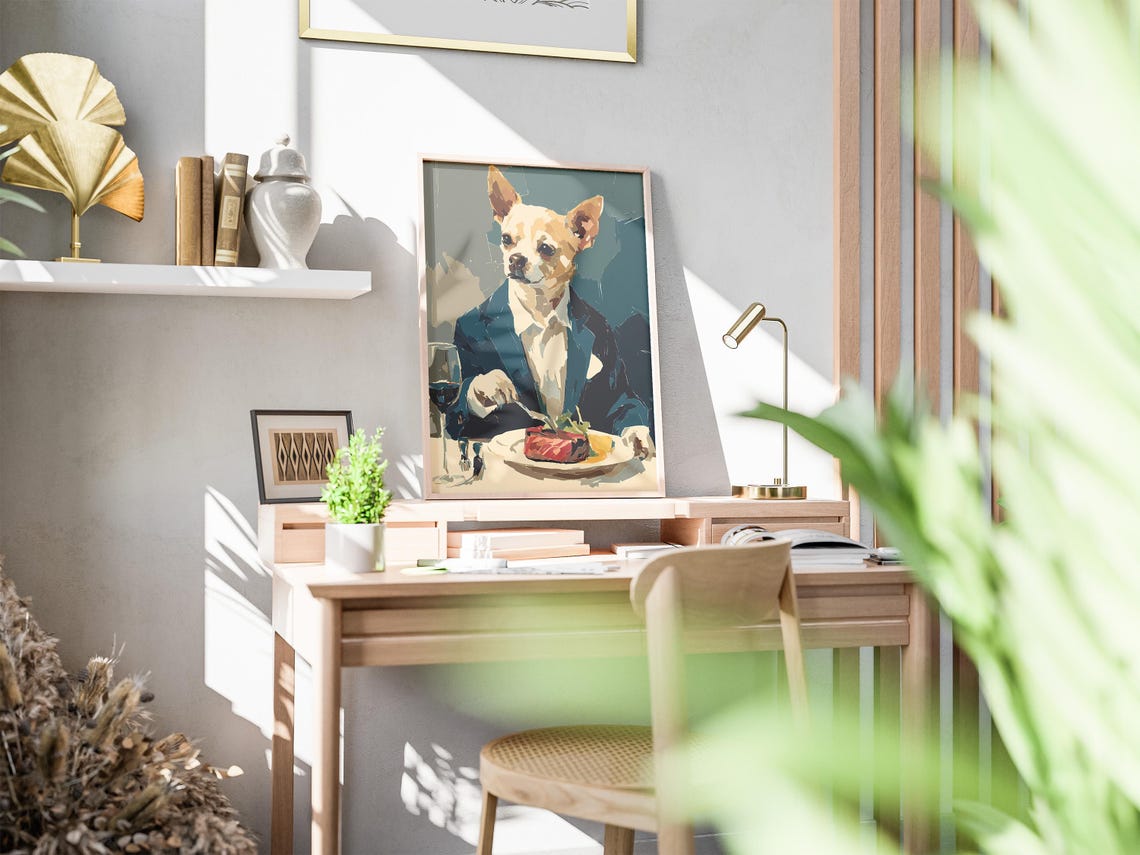 Chihuahua in Suit Eating Steak Dinner Fine Dining Dog Art Poster - Image 2