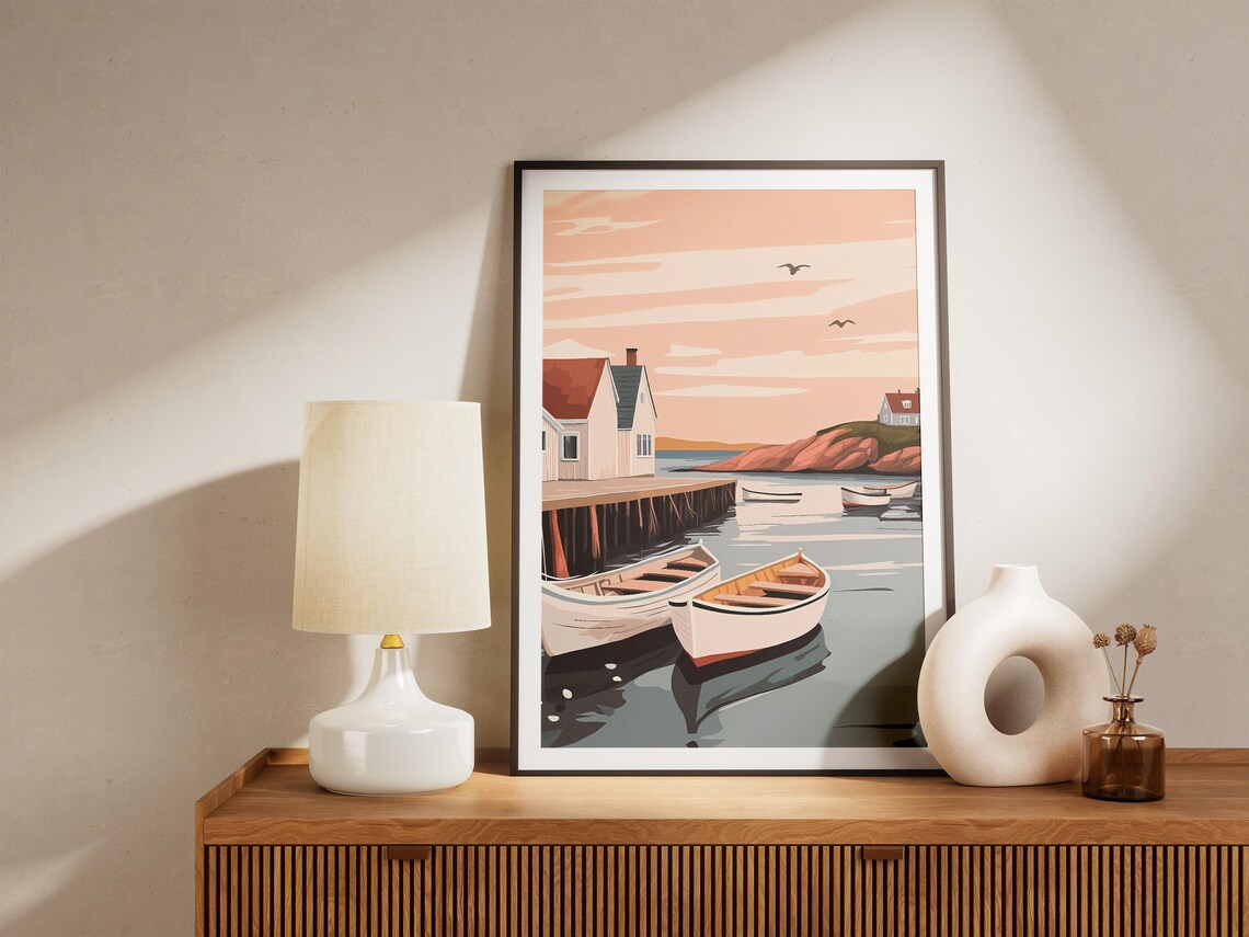 Scandinavian Harbor Wooden Boats Sunset Coastal Illustration Poster - Image 5