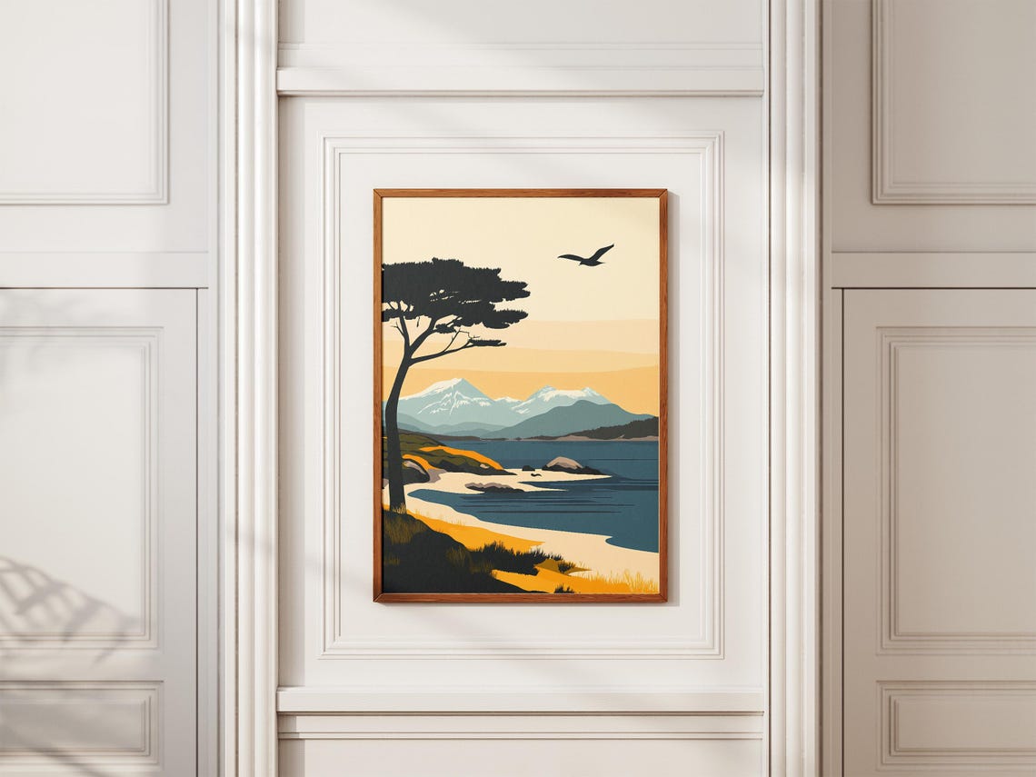 Coastal Shore Silhouette Tree Snowy Peaks Seabird Sunset Poster - Image 2