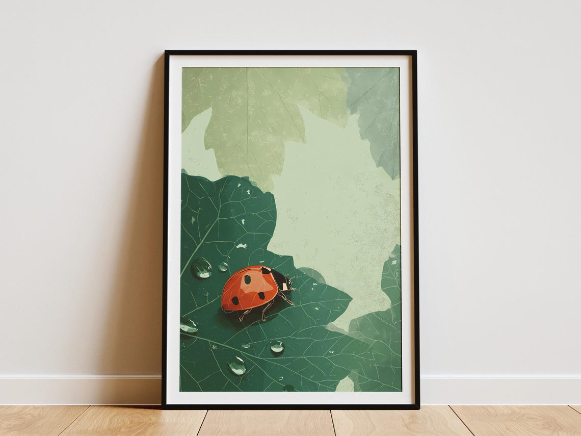 Red Ladybug On Green Leaf With Water Drops Botanical Macro Poster