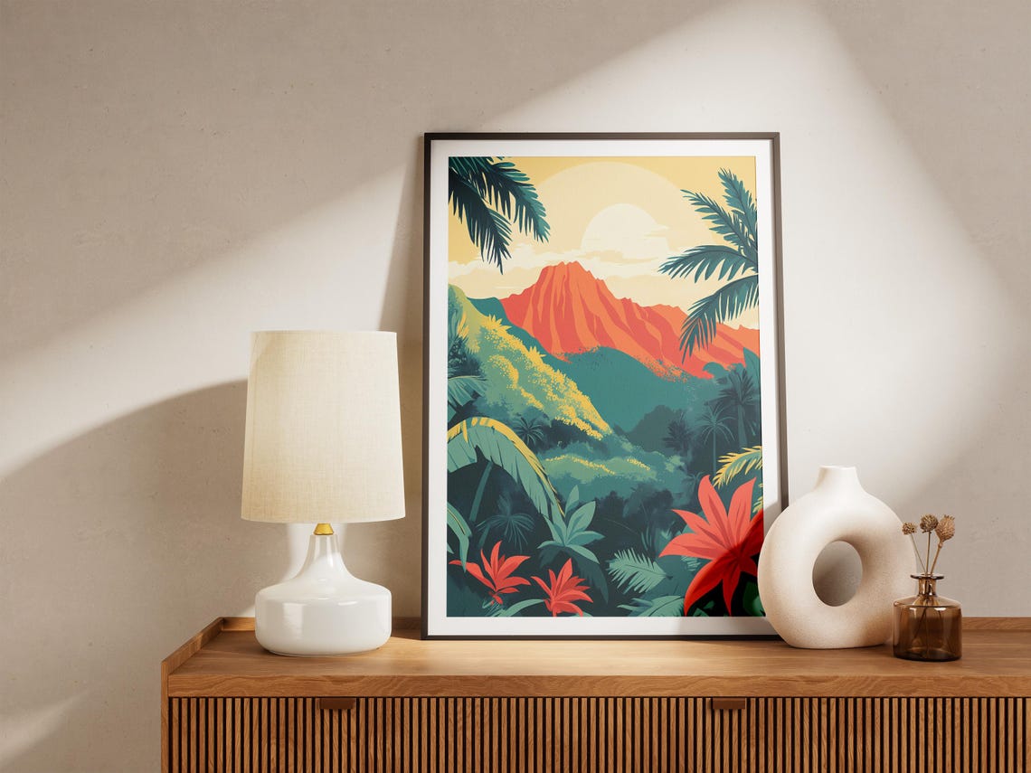Tropical Mountain Coral Red Peak Palms Jungle Flowers Poster - Image 5