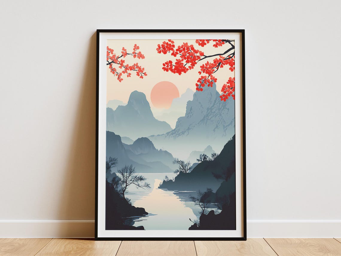 Shennongjia Mountains Misty Blue Peaks Red Sun Branch Poster