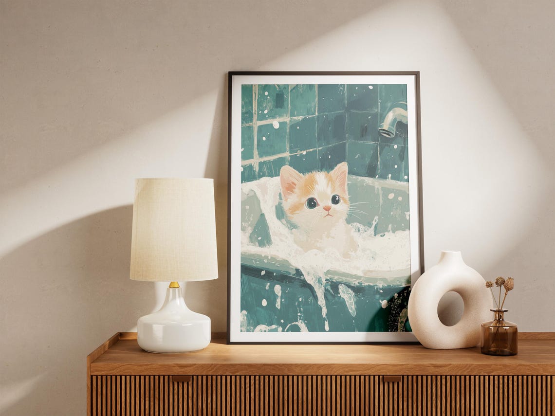 White Ginger Kitten in Foamy Tub Teal Tiles Sweet Art Poster - Image 4