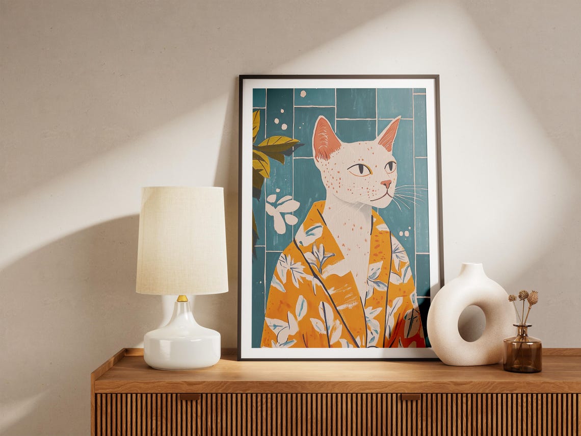 Oriental Shorthair Cat Bathrobe Poster Print Funny Art Lover Gift Bathroom Wall Decor Humorous Pet In Robe - Image 4