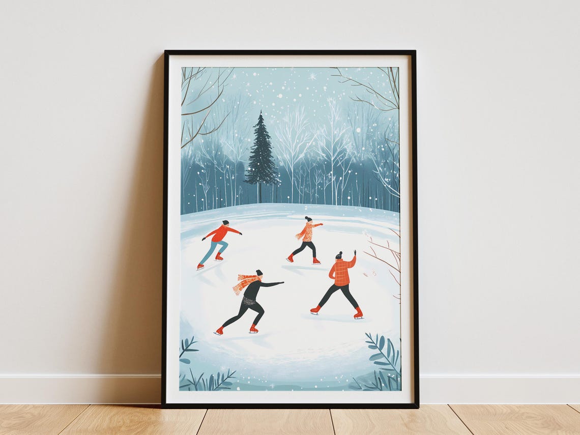Ice Skaters Gliding on a Frozen Pond in a Snowy Blue Forest Poster