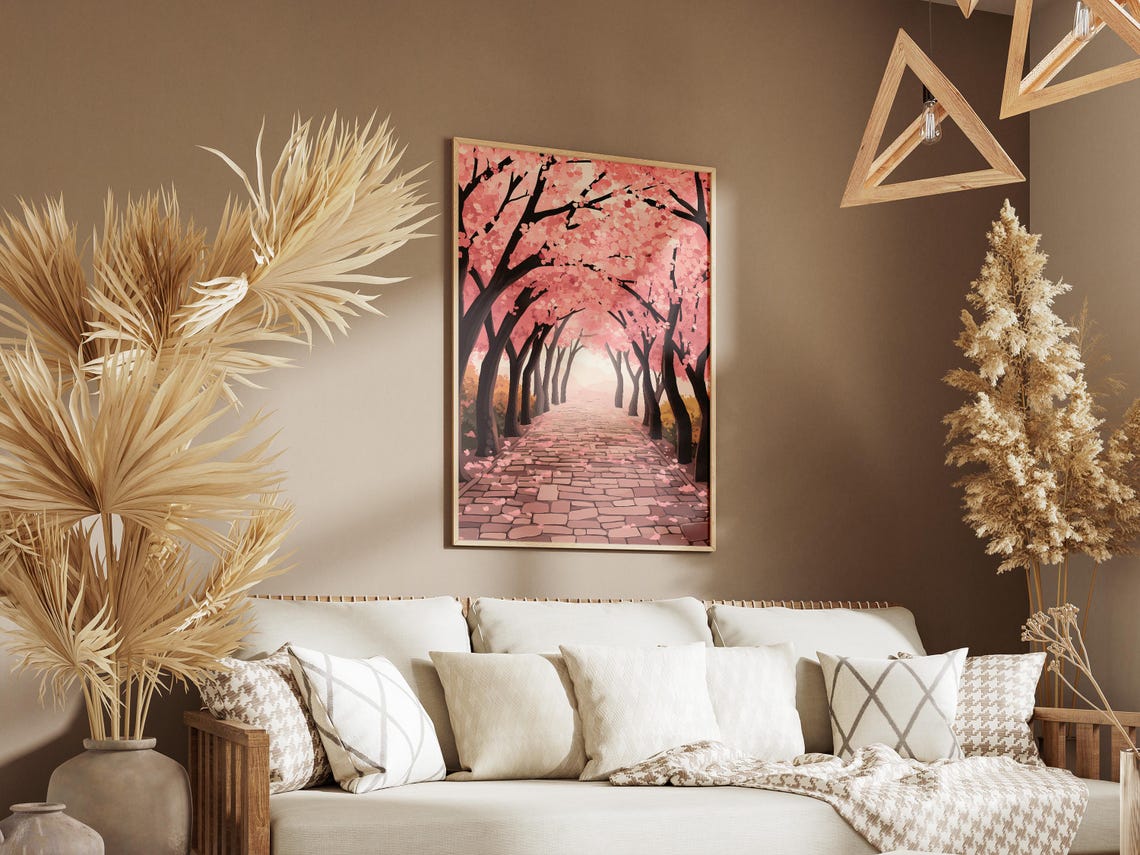 Cherry Blossom Tunnel Over a Cobblestone Path Poster in Spring - Image 3