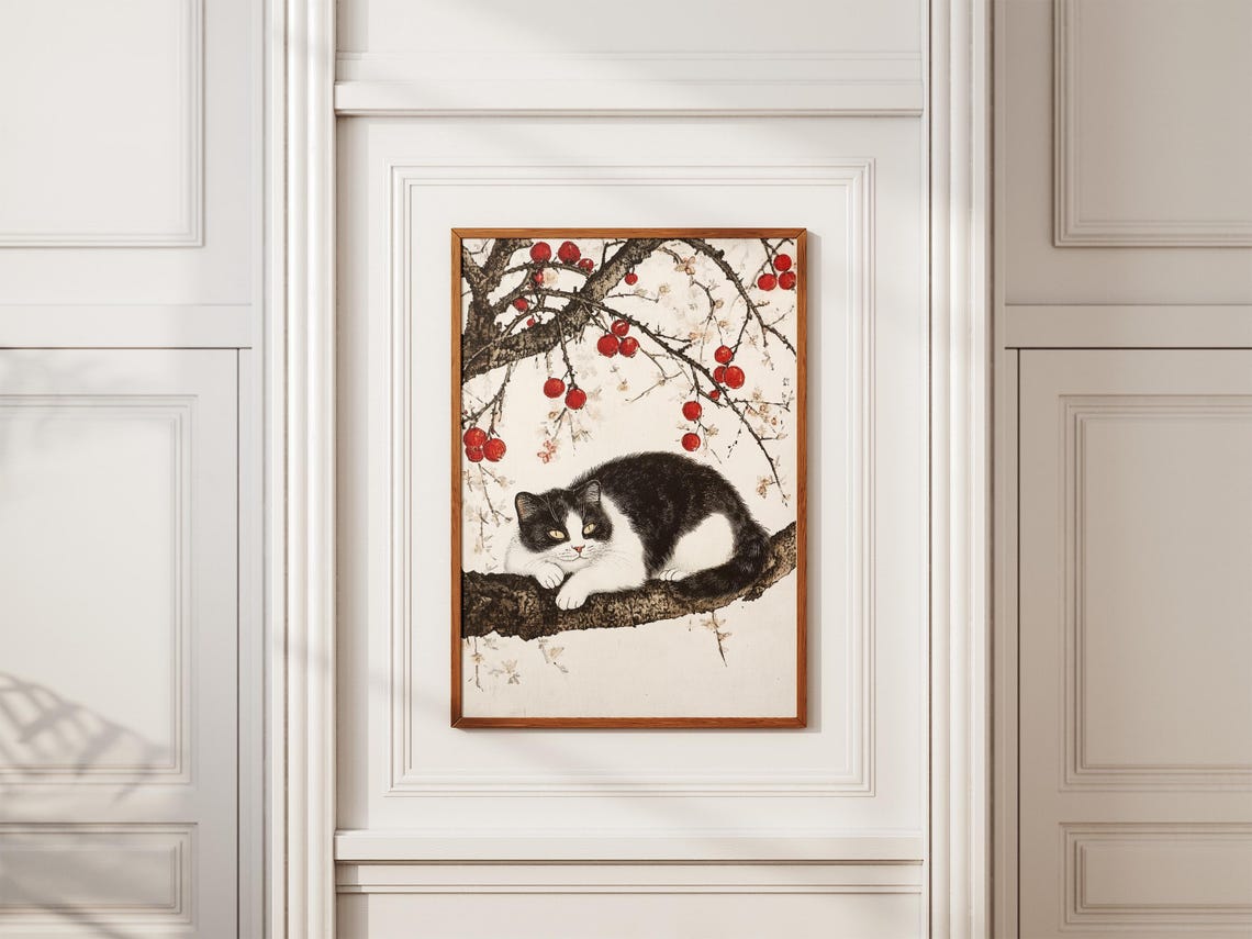 Black and White Cat on Plum Branch Japanese Ink Style Art Poster - Image 2