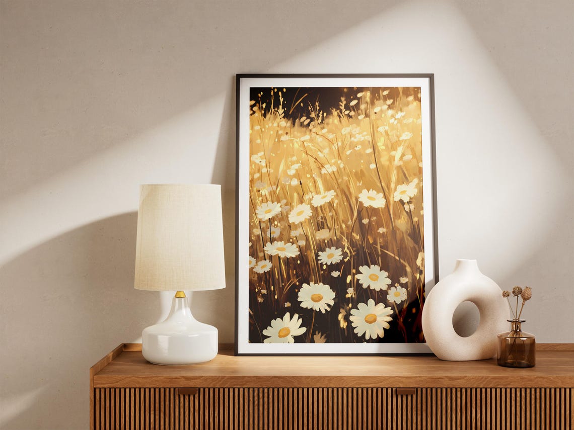 White Daisies in a Golden Wheat Field Poster With Warm Sunset Glow - Image 5