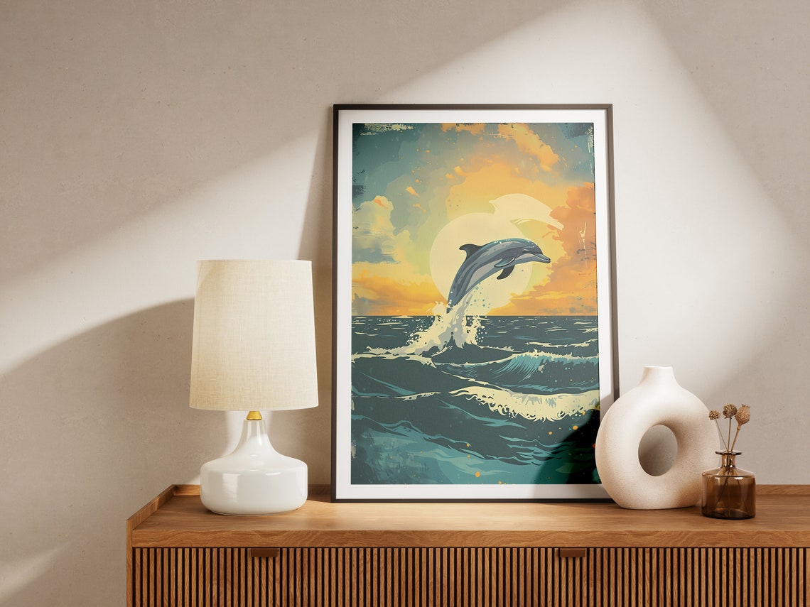 Dolphin Sunset Ocean Leaping Waves Beach Golden Coastal Poster - Image 2