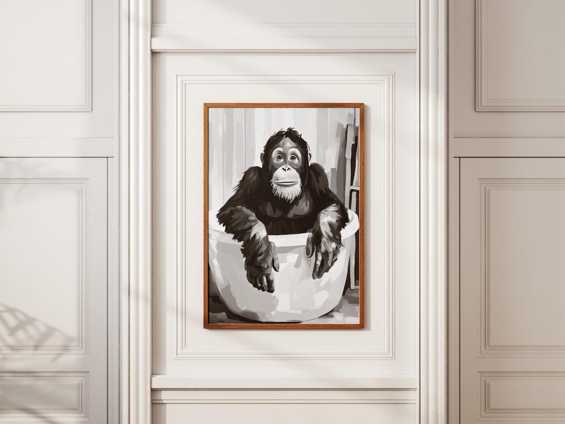 Orangutan In Bathtub Poster Funny Ape Black And White Wall Decor - Image 2