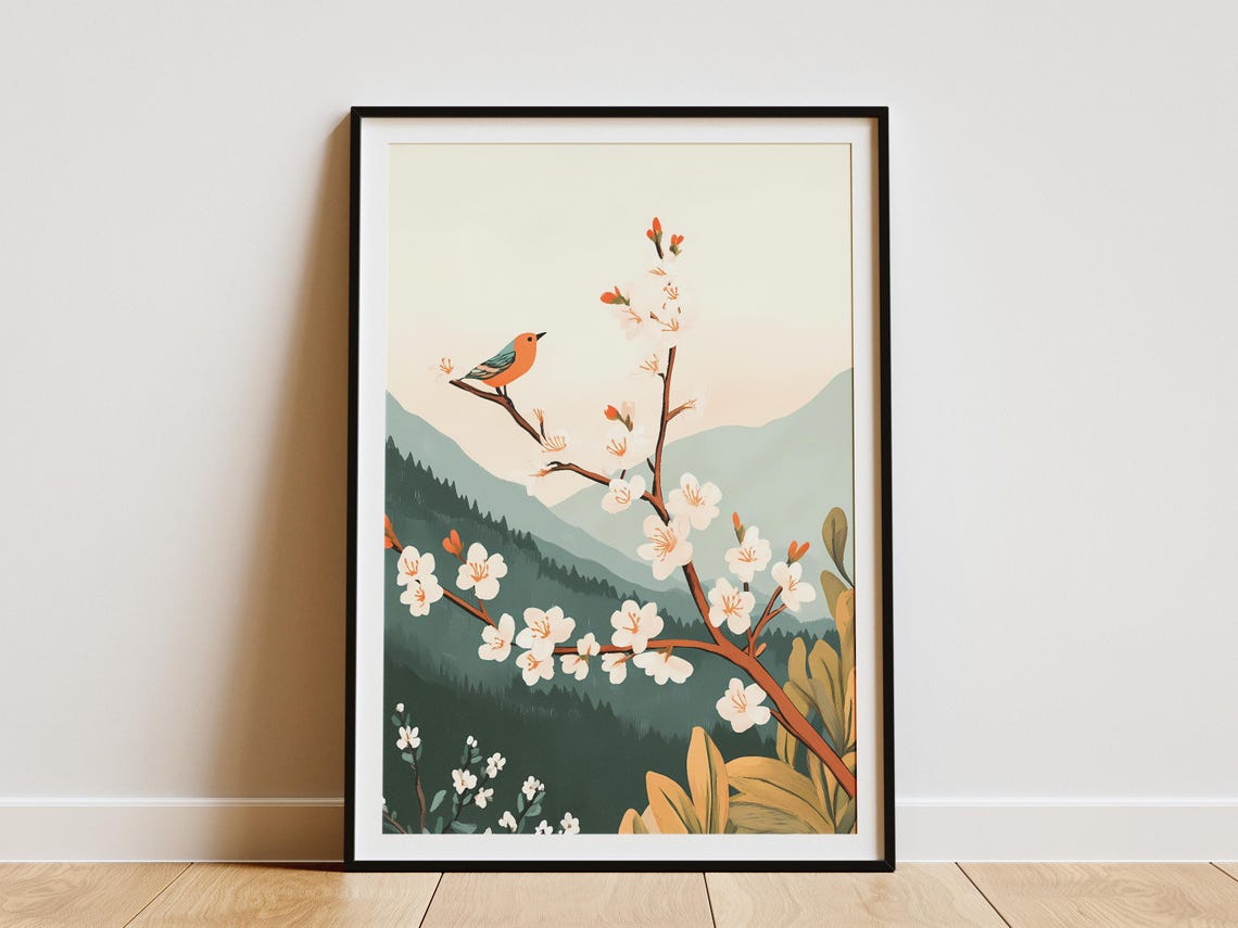 White Blossom Branch With Orange Bird Mountain Spring Poster