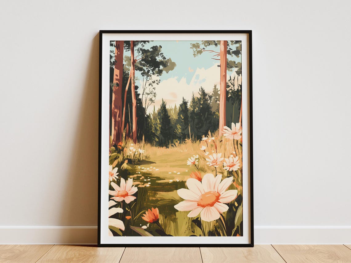 Pink And White Daisies Blooming Along Forest Pond Spring Poster