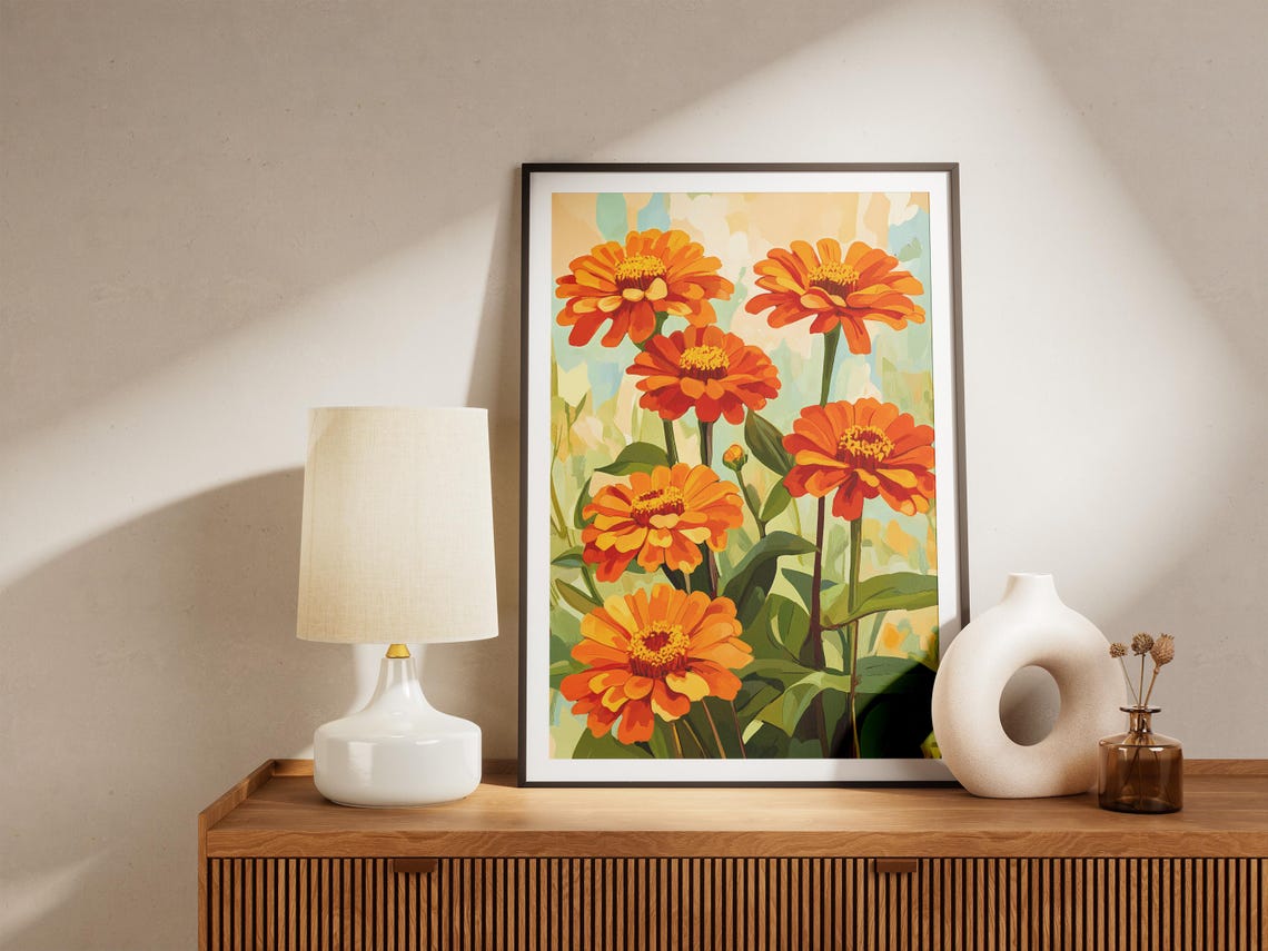 Orange Red Zinnia Cluster Sunlit Painterly Summer Floral Poster - Image 5