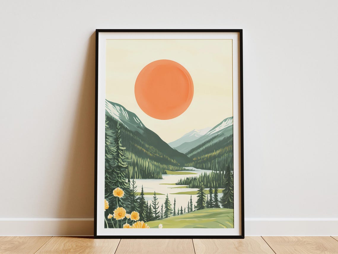 Big Orange Sun Shining Over a Mountain Lake With Pines Poster