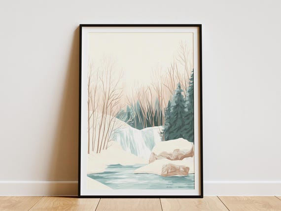 Winter Waterfall Poster Frozen Waterfall Art Print Snowy Landscape Wall Art Minimalist Nature Print Modern Winter Decor Blue And Brown