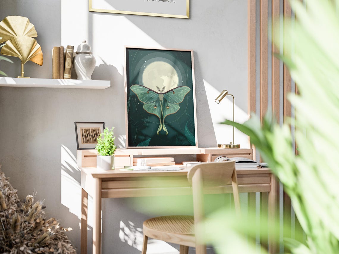 Luna Moth by Moonlight Vintage Style Botanical Insect Poster - Image 2
