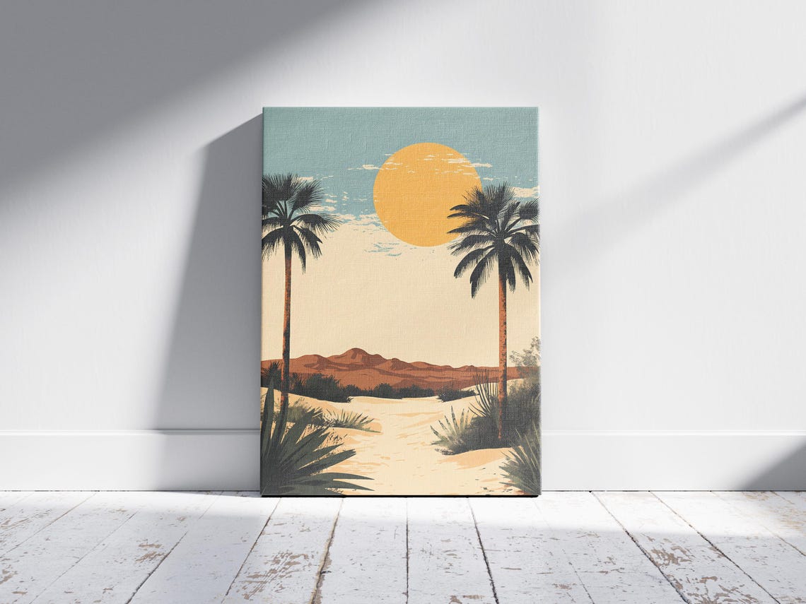 Desert Oasis Poster Tall Palm Trees Golden Sun Wall Decor Gift - Image 2