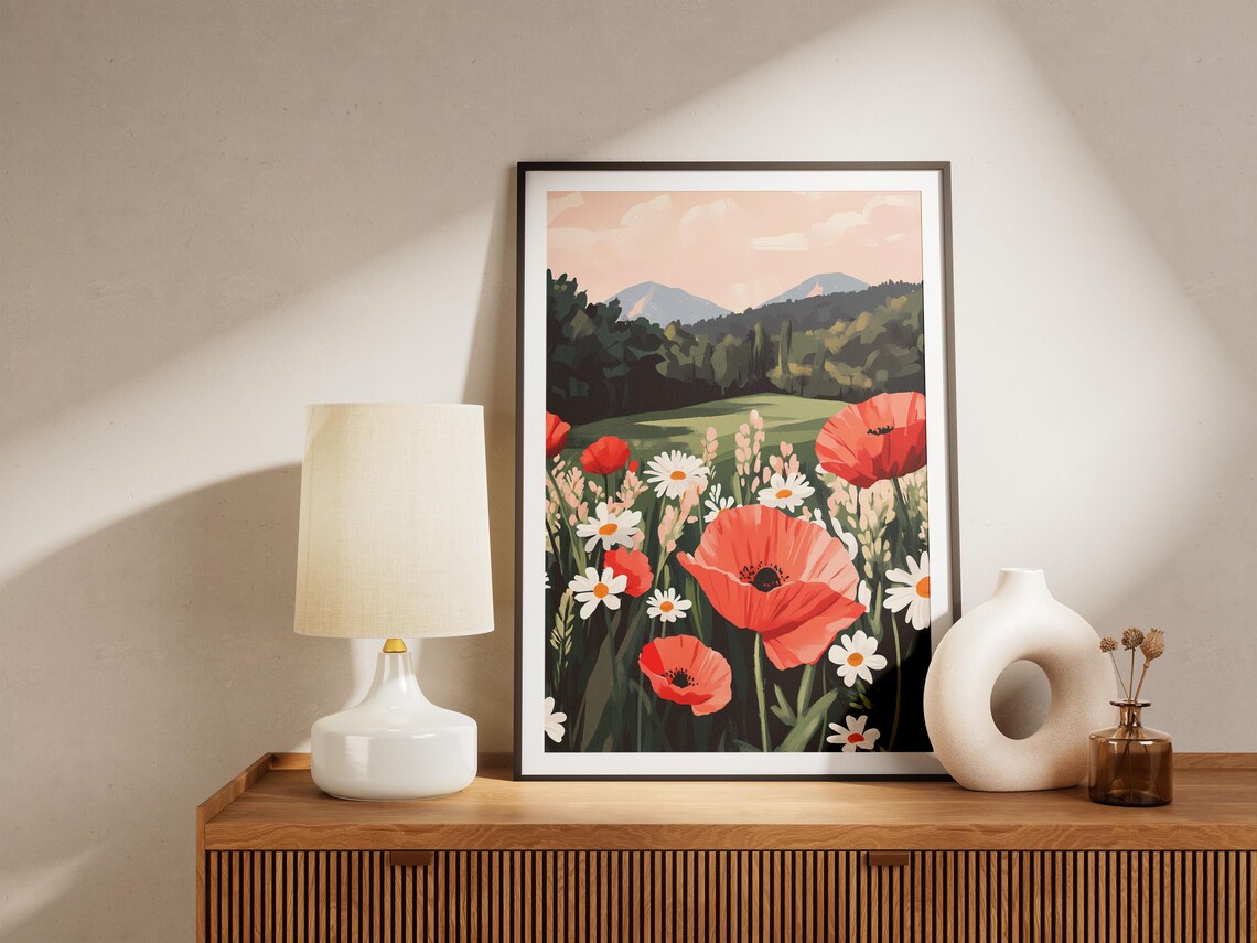 Red Poppy And White Daisy Summer Meadow Floral Botanical Wall Art - Image 5
