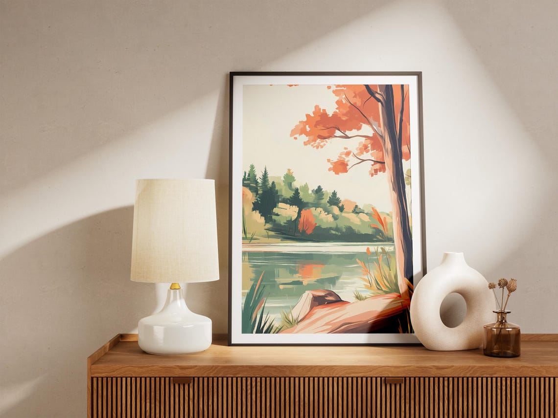 Autumn Tree With Orange Leaves Beside A Still Forest Lake Log Poster - Image 5